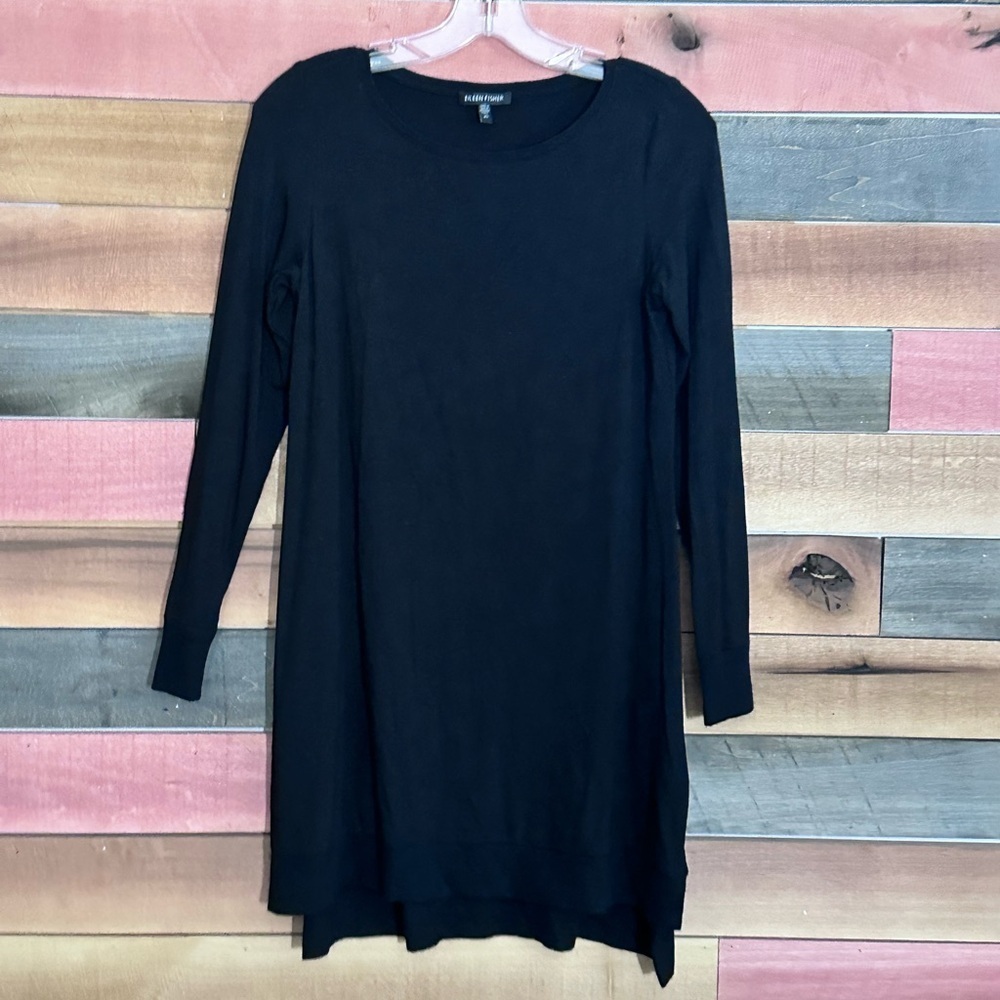 This is an Eileen Fisher black long-sleeve crew-neck jersey tunic dress